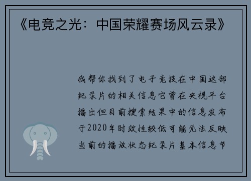 《电竞之光：中国荣耀赛场风云录》